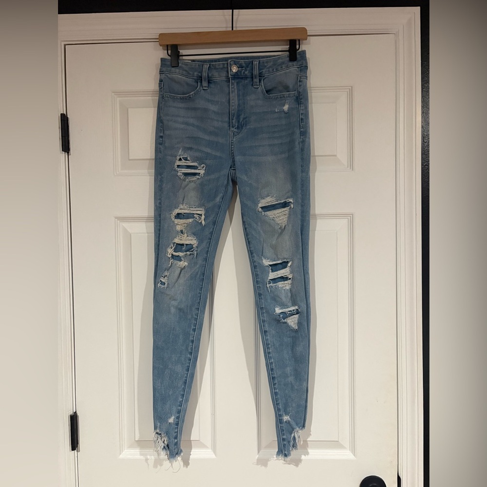 American Eagle Outfitters Next Level Stretch Light Blue Distressed Skinny Jeans
